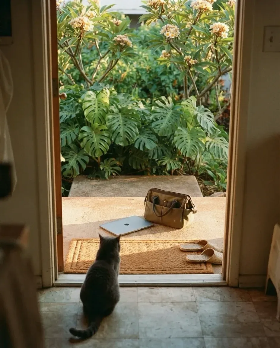 An open front door onto a sunlit garden: a canvas bag and a closed laptop set down on the woven doormat beside a pair of slippers, the gray cat watching from just inside.