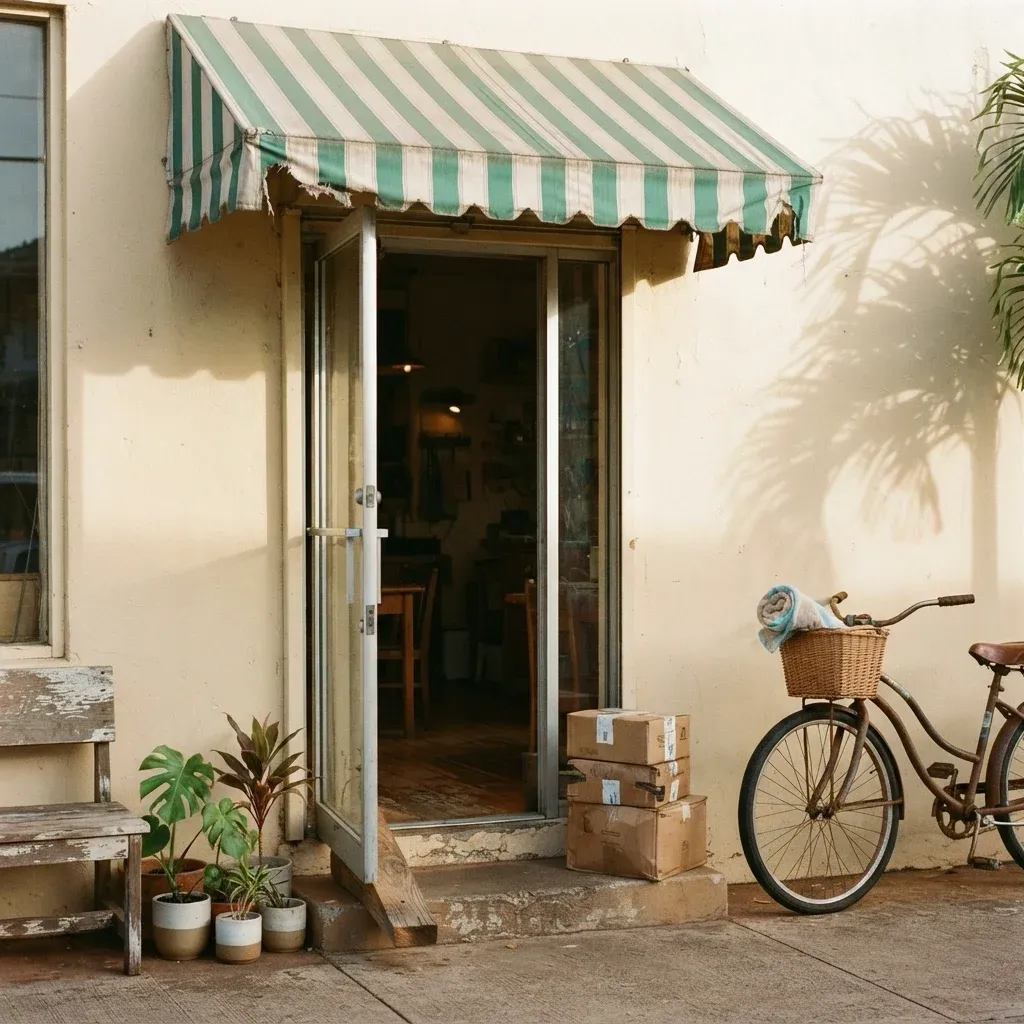 A small shop front in morning light: a green-and-white striped awning over an open glass door, potted plants, stacked parcels and a bicycle with a basket.