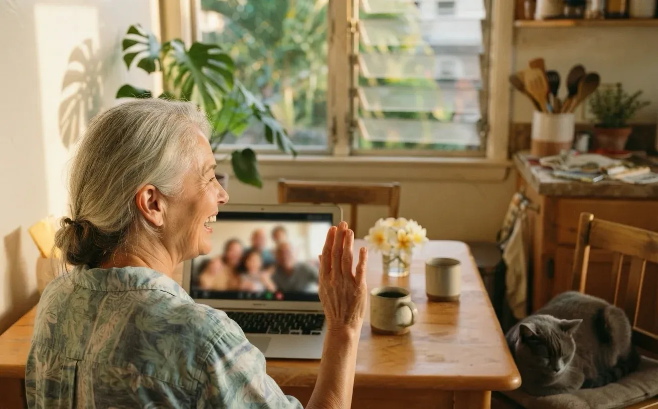 An older woman in profile at a sunlit kitchen table, waving at a laptop showing a softly blurred family on a video call, the gray cat asleep on a chair beside her