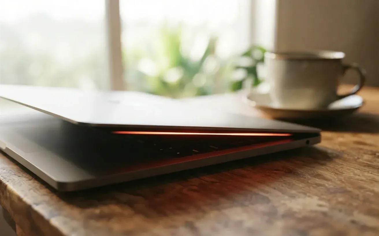 A closed laptop edge-on on a wooden table, a thin warm glow along its seam, a coffee cup and a bright window behind