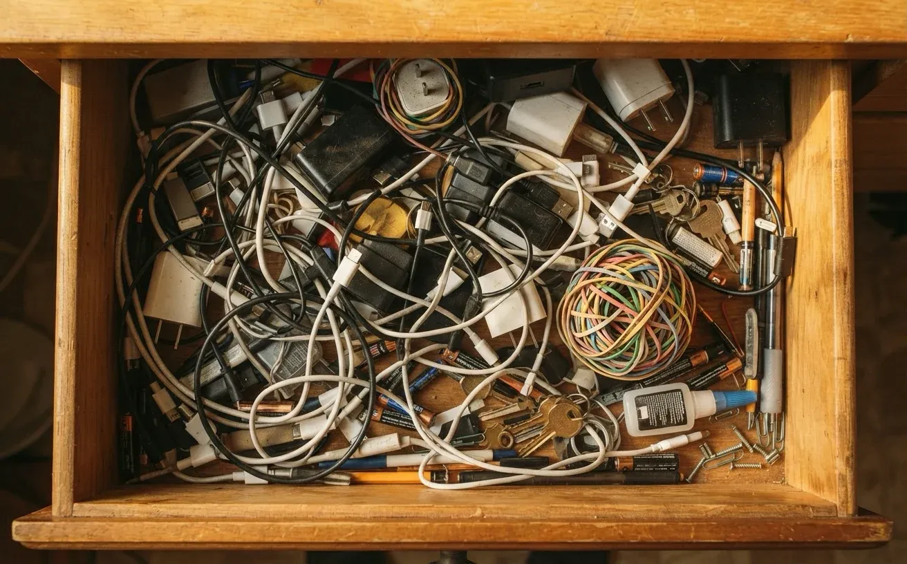 A tidy desk mid-cleanup in morning light: an open laptop with a soft glow, papers being sorted into a tray