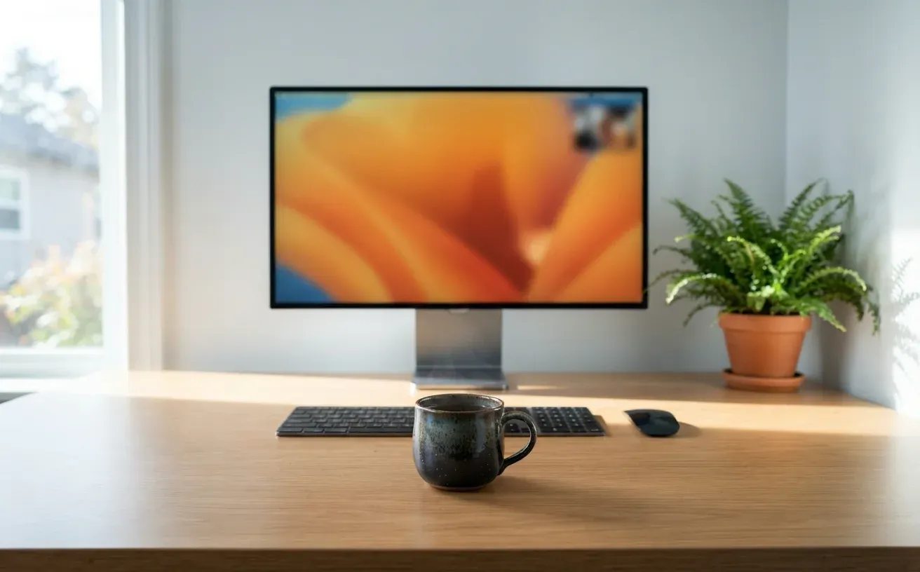 A tidy desk by a window: a monitor showing a soft abstract wallpaper, the keyboard pushed away to one side, and a dark mug of tea in front of it