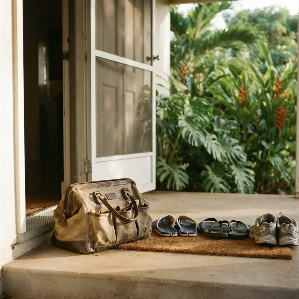 A canvas tool bag set down beside an open screen door, slippers and shoes lined up on the mat outside a Honolulu home.