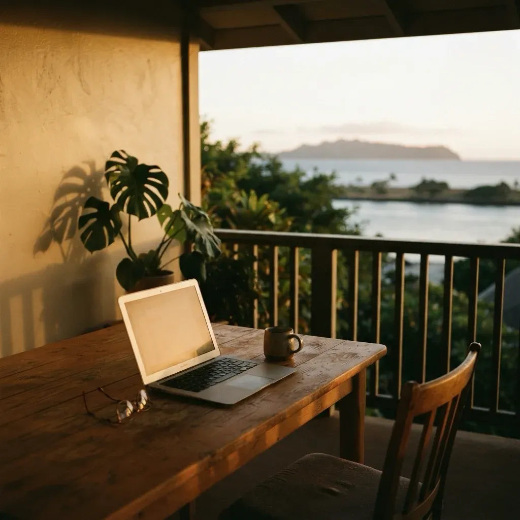 A laptop open on a lanai table at golden hour, reading glasses and a mug beside it, the ocean and a distant island beyond.