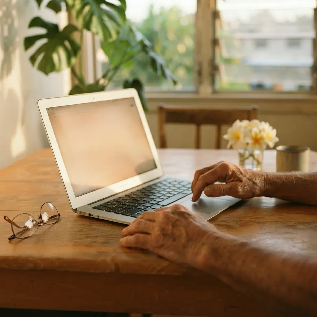 An older person's hands resting on a laptop keyboard at a sunlit table, reading glasses set down beside them, plumeria in a small glass and a window beyond.