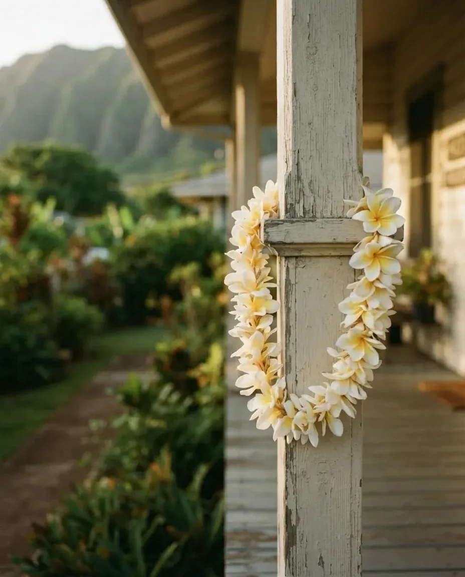 A plumeria lei hung on the weathered white post of a plantation-house porch, a garden path and a green ridge beyond in bright morning light.
