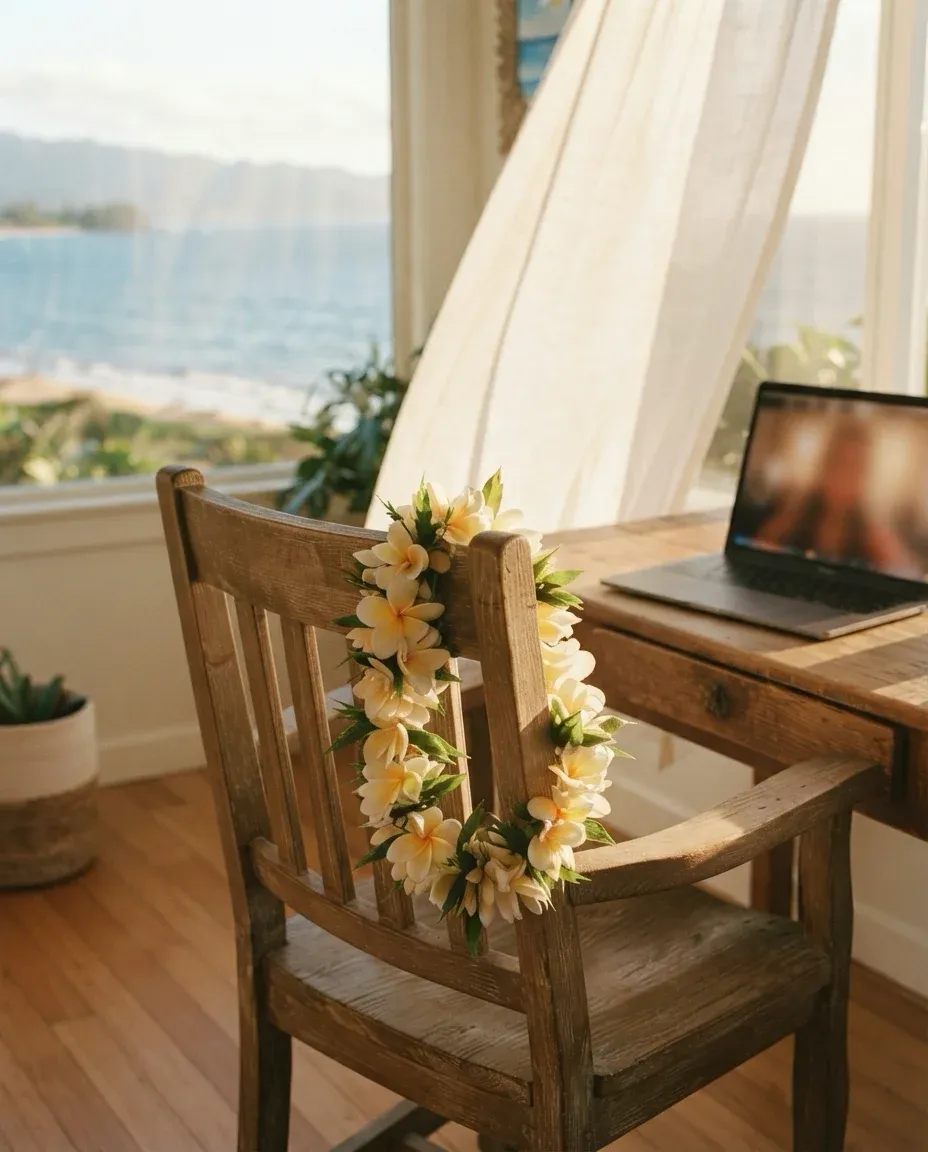 A bright ocean-view room with an empty chair pulled up to a desk, a plumeria lei over its back, and a laptop open to a soft, blurred video call.