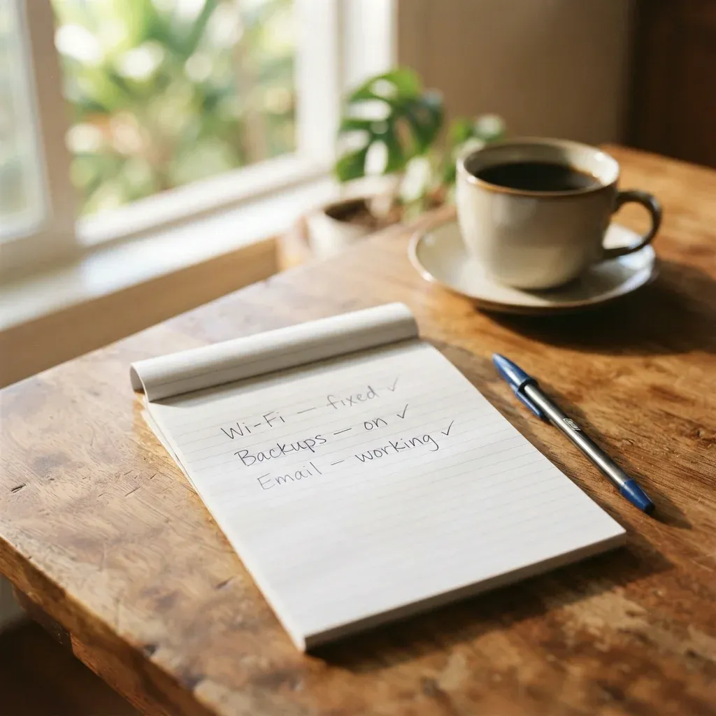 A notepad on a sunlit wooden table, a short checklist written out by hand and ticked off, a pen and a cup of coffee beside it.