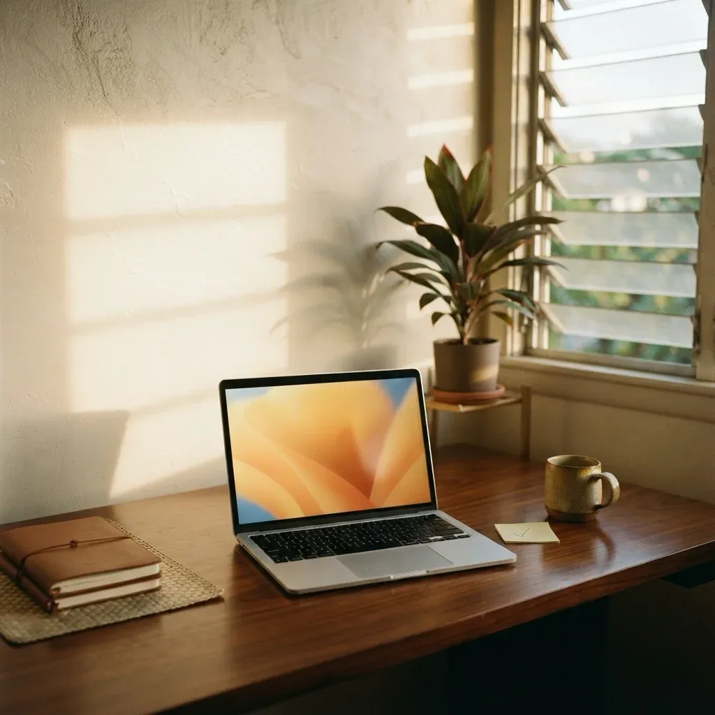 An open laptop on a dark wood desk beside a jalousie window, a potted ti plant, a ceramic mug and a stack of notebooks on a woven mat in warm afternoon light.