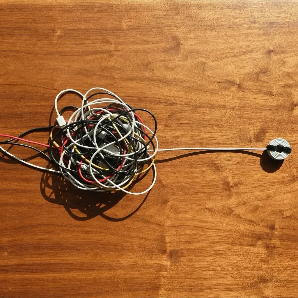 A knot of tangled black, red and white cables on a warm wooden table, with one cable pulled out straight and running clear of the tangle.