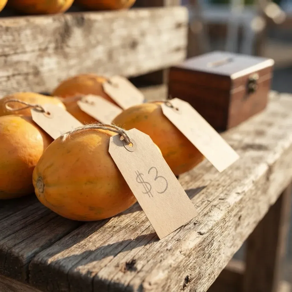 Papayas on a weathered wooden stand with kraft price tags tied to them, the nearest reading $3, and a small wooden cash box behind.