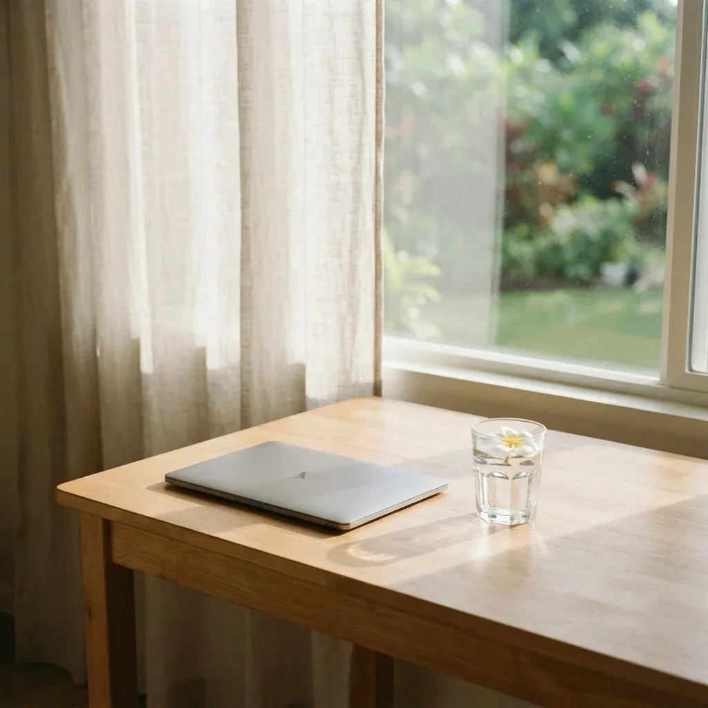 A closed laptop and a glass of water holding a single plumeria blossom on a pale wood table, sheer curtains and a green garden beyond the window.